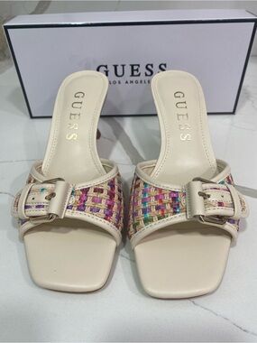 GUESS Cream Slide Sandals with Multicolor Woven Strap
